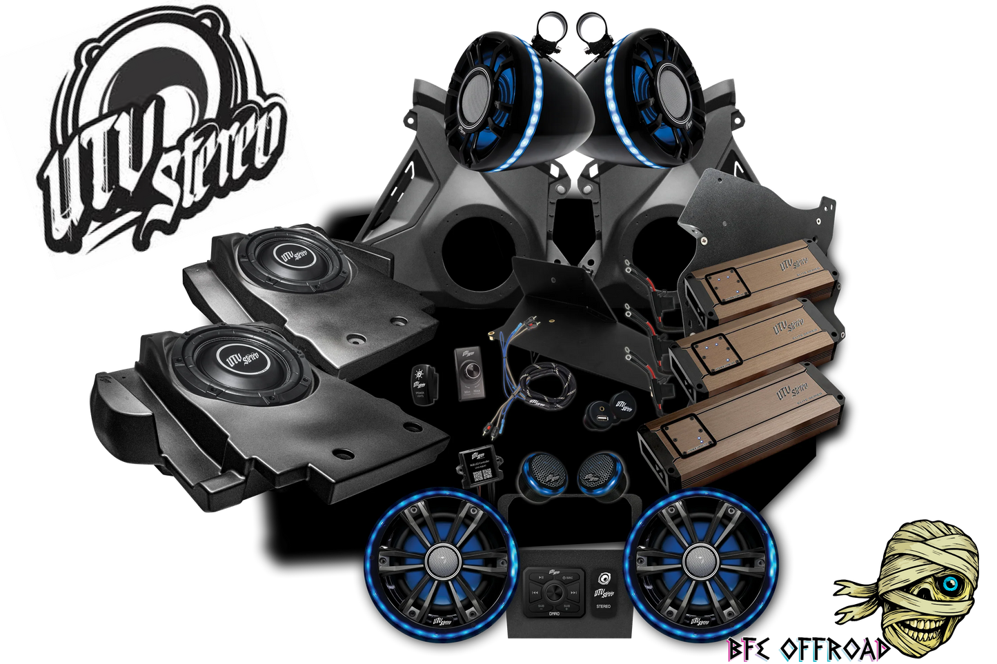 BFE Offroad vehicle Stereo system with logo and branding on a white background
