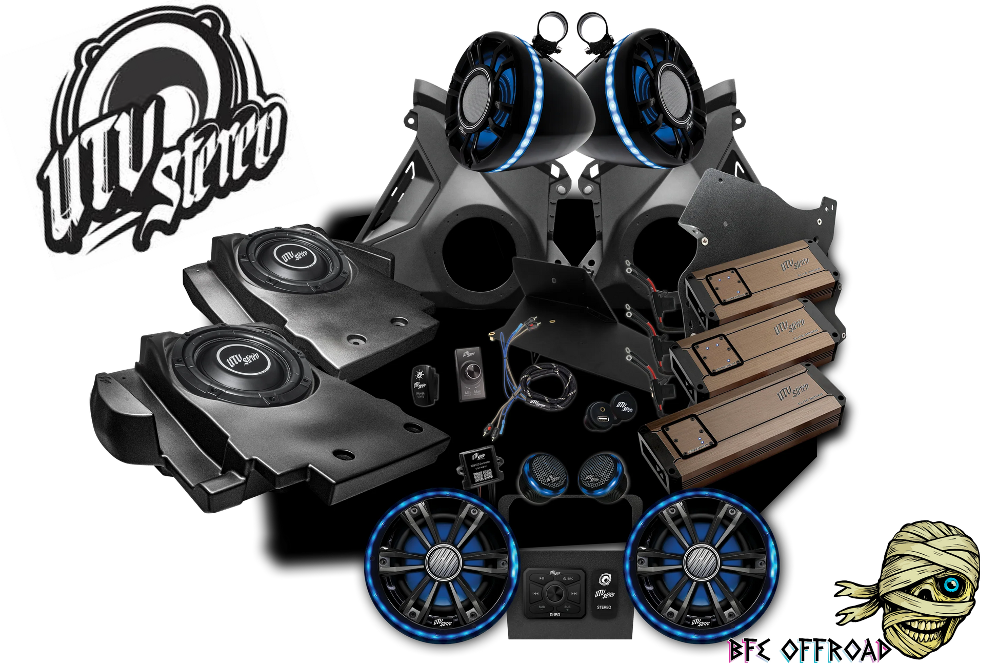 BFE Offroad vehicle Stereo system with logo and branding on a white background
