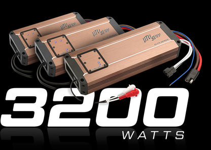 Power amplifier with '3200 Watts' text on a black background