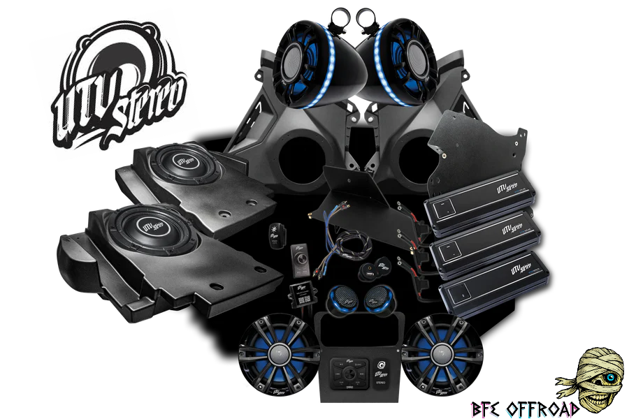 UTV stereo system with speakers and amplifiers on a white background, featuring UTV Stereo logo.