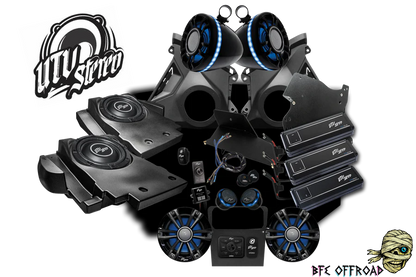 UTV stereo system with speakers and amplifiers on a white background, featuring UTV Stereo logo.