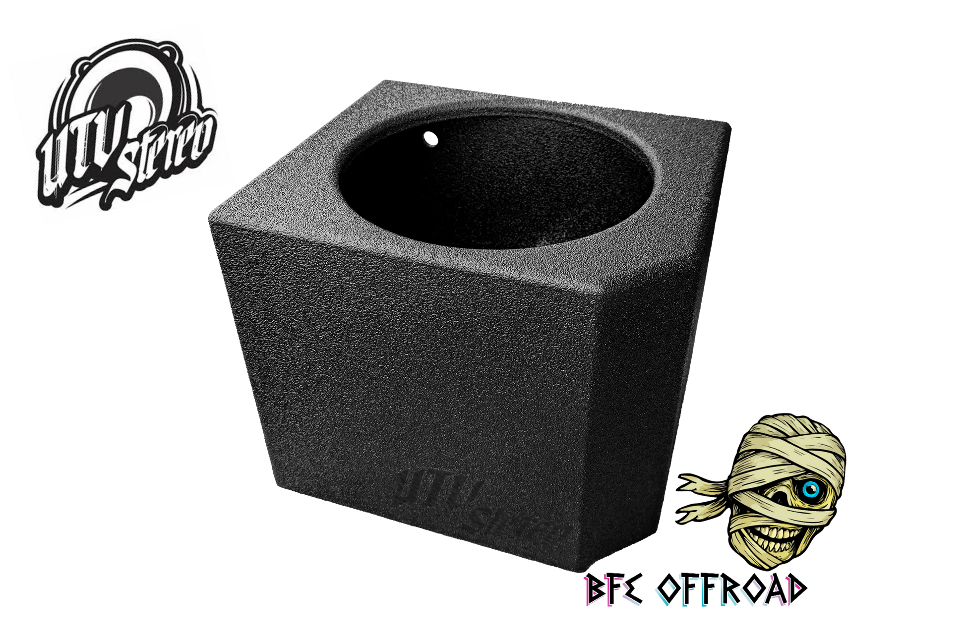 Black audio subwoofer enclosure with UTV Stereo and BFE Offroad branding on a white background.