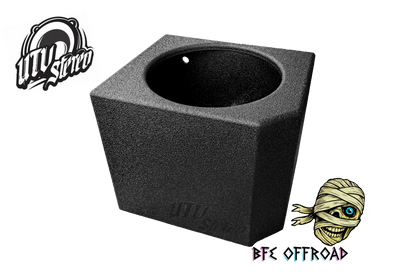 Black audio subwoofer enclosure with UTV Stereo and BFE Offroad branding on a white background.