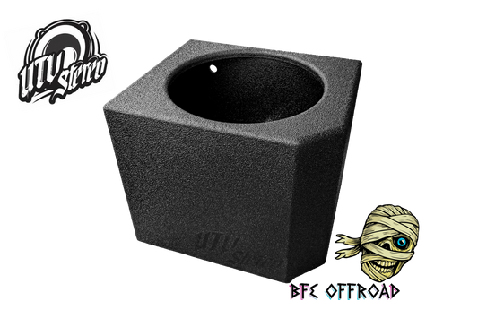 Black audio subwoofer enclosure with UTV Stereo and BFE Offroad branding on a white background.