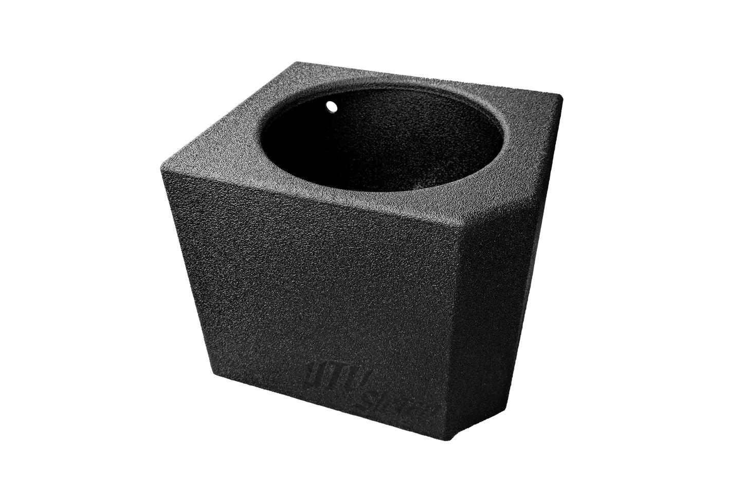 Black audio subwoofer enclosure on a white background