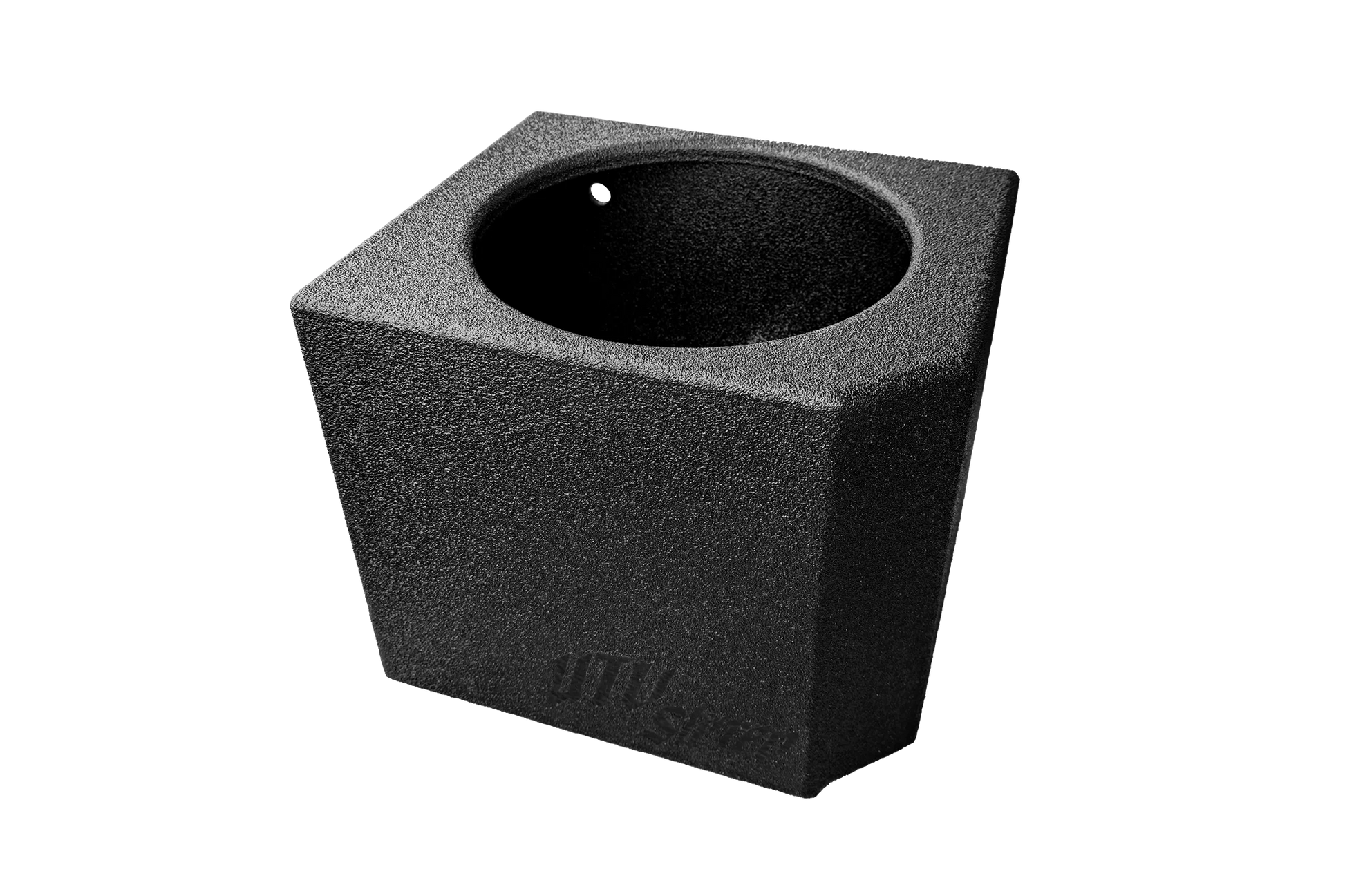 Black audio subwoofer enclosure on a white background