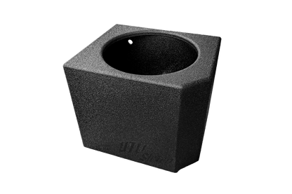 Black audio subwoofer enclosure on a white background
