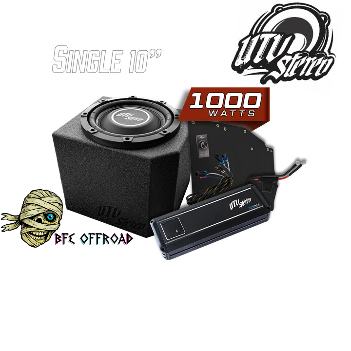 SINGLE SUB KIT WITH AMP ON WHITE BACKGROUND WITH BFE OFFROAD BRANDING