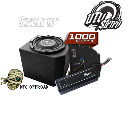 SINGLE SUB KIT WITH AMP ON WHITE BACKGROUND WITH BFE OFFROAD BRANDING