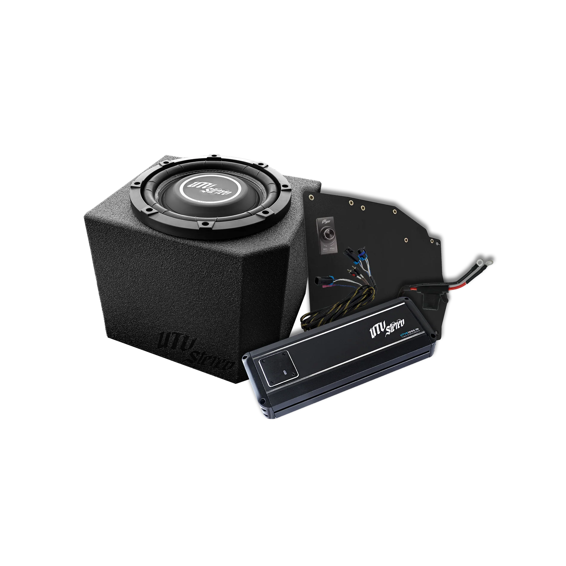 SINGLE SUB AND AMP KIT ON WHITE BACKGROUND