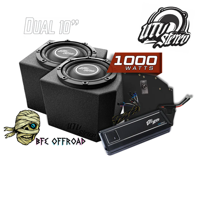 Two subwoofers with an amplifier and branding on a white background