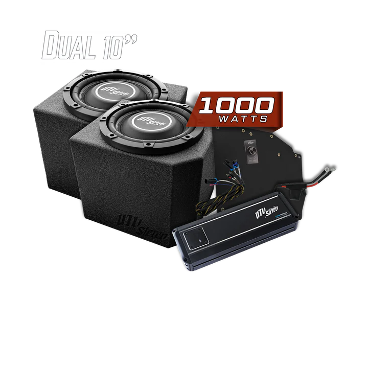 Car subwoofer system with dual 10-inch speakers and amplifier on a white background