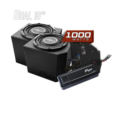 Car subwoofer system with dual 10-inch speakers and amplifier on a white background