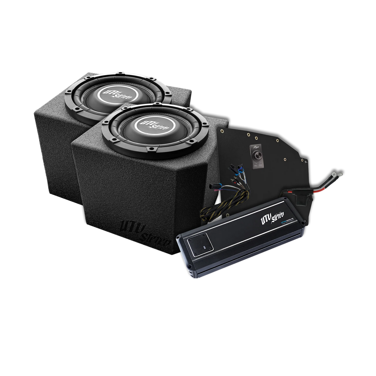 Car audio subwoofer enclosure with two subwoofers and an amplifier on a white background