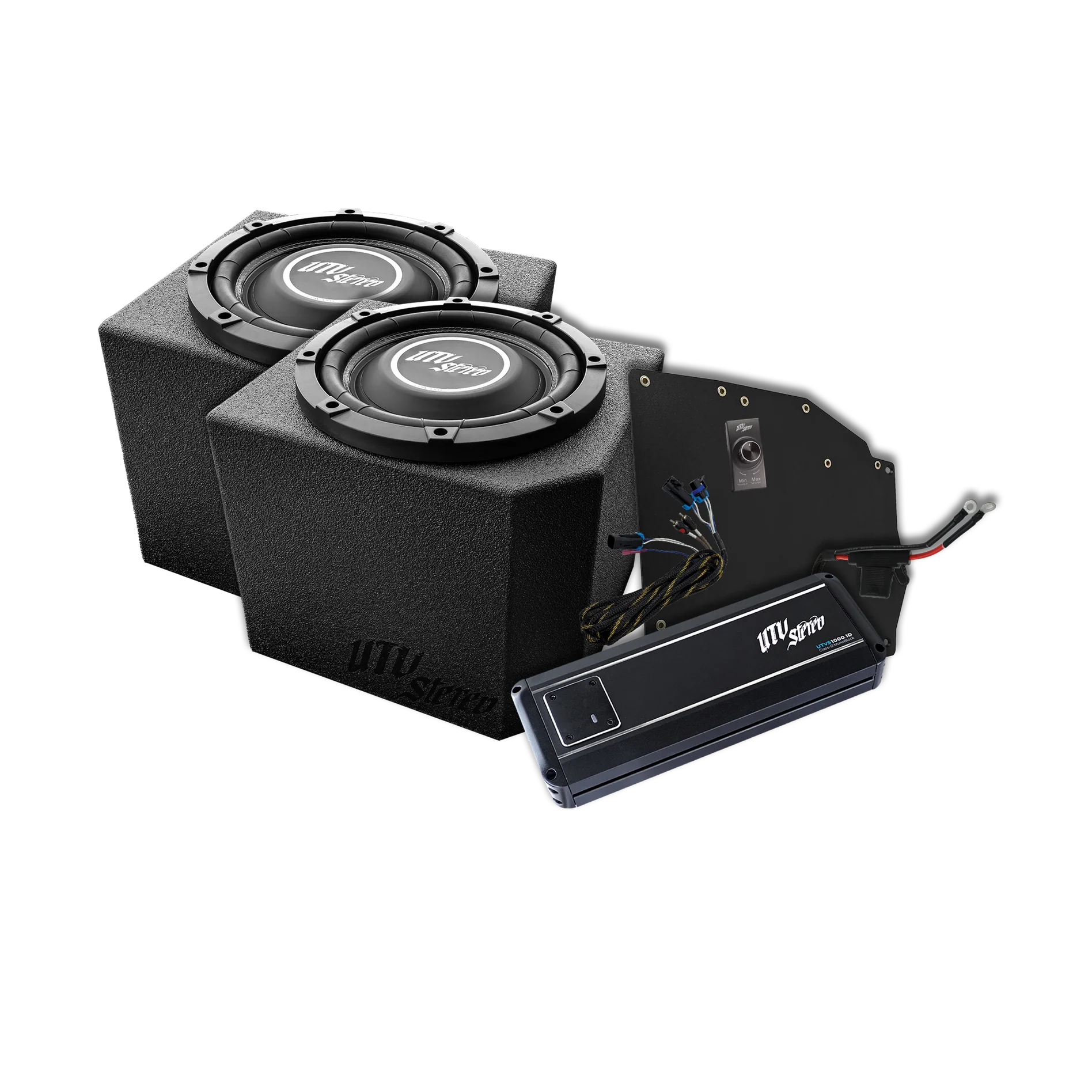 Car audio subwoofer enclosure with two subwoofers and an amplifier on a white background