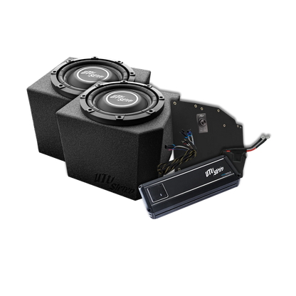 Car audio subwoofer enclosure with two subwoofers and an amplifier on a white background