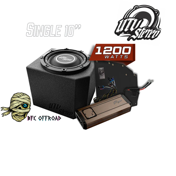 Car audio system with subwoofer and amplifier on a white background, featuring UTV Storm branding.