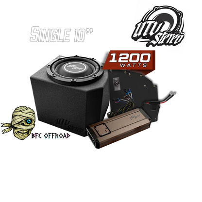 Car audio system with subwoofer and amplifier on a white background, featuring UTV Storm branding.