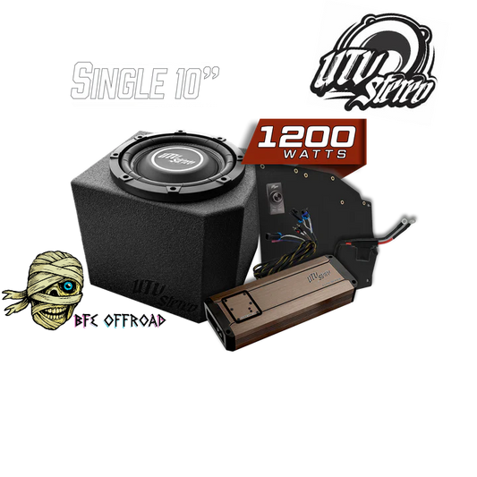 Car audio system with subwoofer and amplifier on a white background, featuring UTV Storm branding.