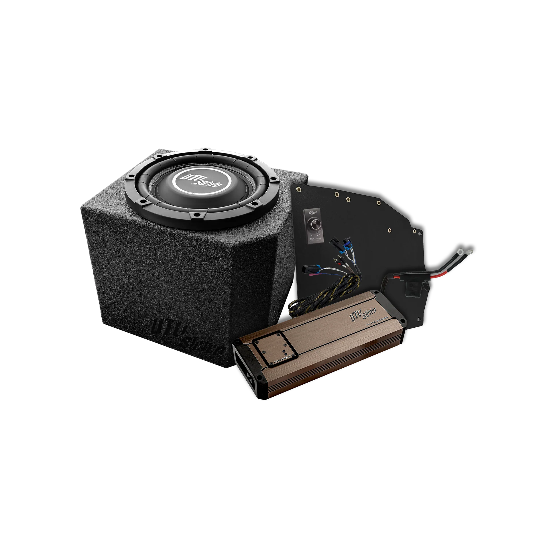 Car audio subwoofer and amplifier on a white background