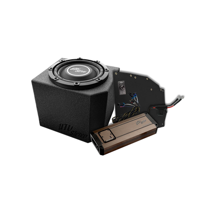 Car audio subwoofer and amplifier on a white background