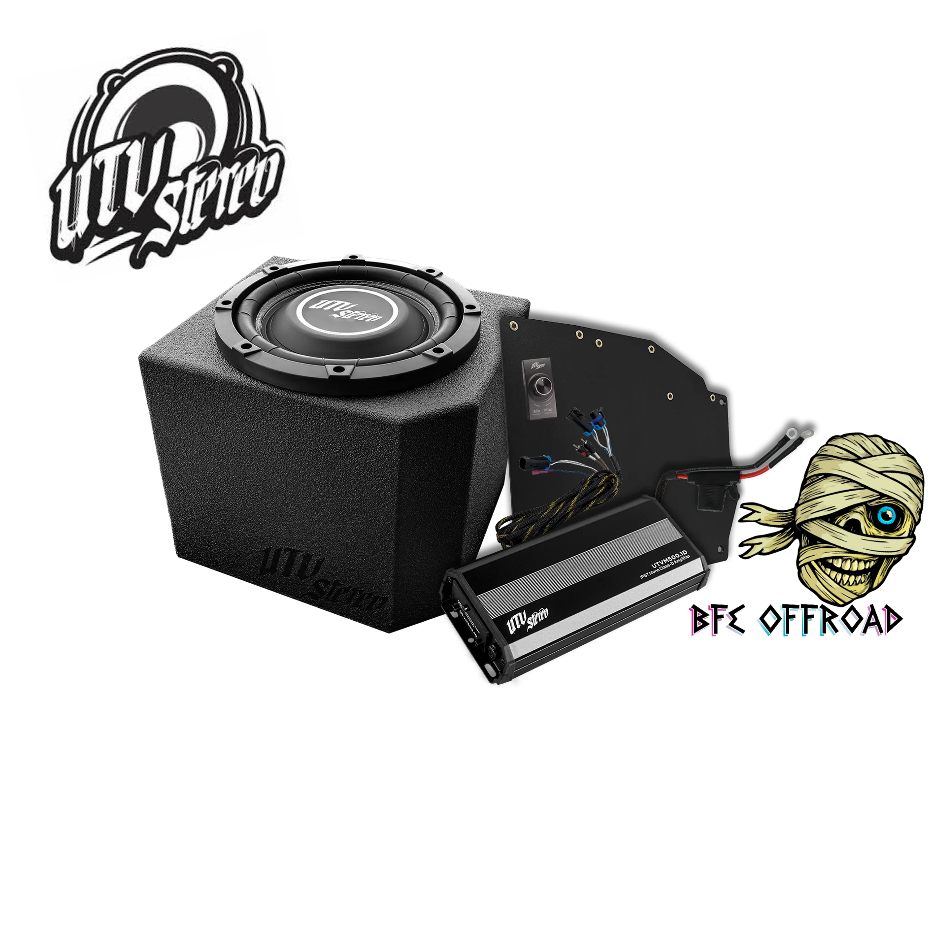 Car audio system with subwoofer, amplifier, and BFE Offroad branding on a white background.