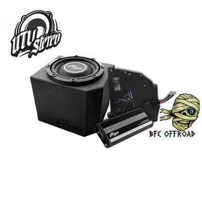 Car audio system with subwoofer, amplifier, and BFE Offroad branding on a white background.