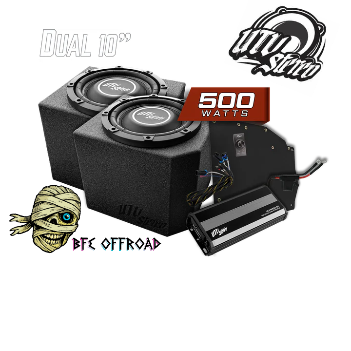 DUAL SUBWOOFER AND AMP KIT ON WHITE BACKGROUND WITH BFE OFFROAD BRANDING
