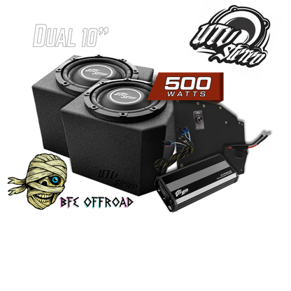 DUAL SUBWOOFER AND AMP KIT ON WHITE BACKGROUND WITH BFE OFFROAD BRANDING
