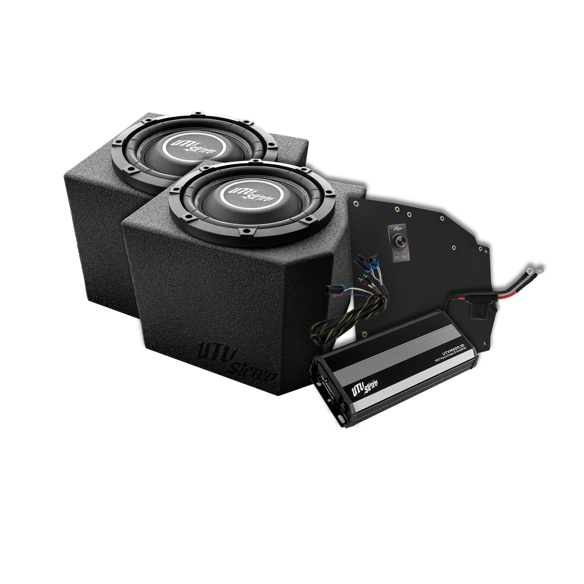 DUAL SUBWOOFER AND AMP KIT ON WHITE BACKGROUND