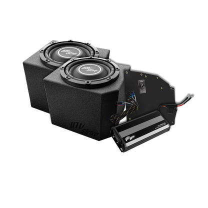 DUAL SUBWOOFER AND AMP KIT ON WHITE BACKGROUND