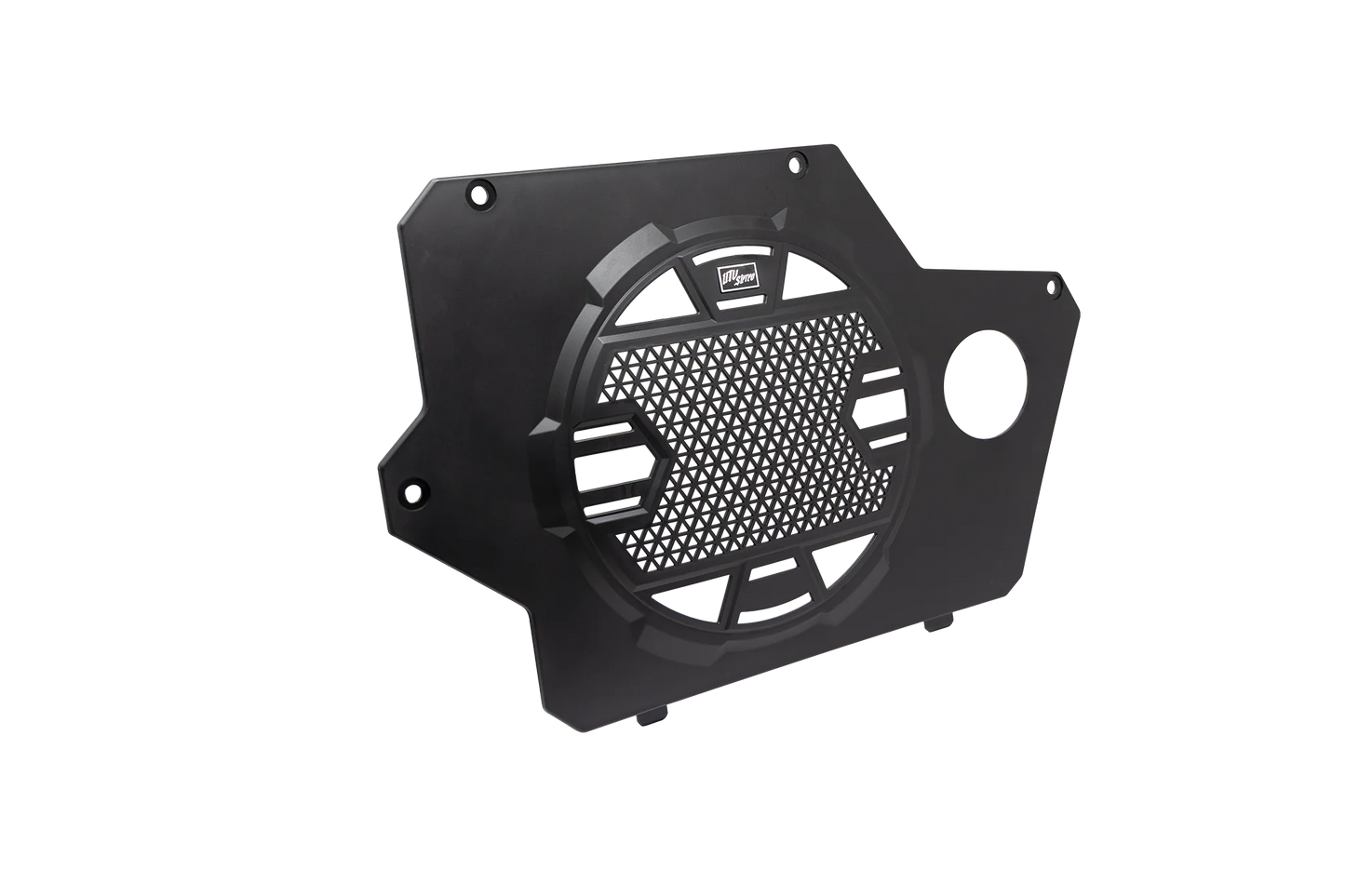 Black metal protective cover with brand logo on a white background