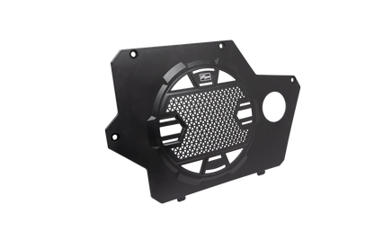 Black metal protective cover with brand logo on a white background