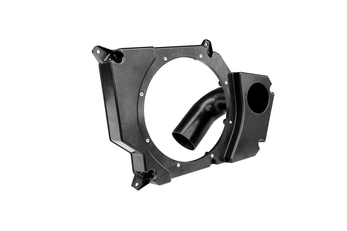 Black metal automotive part on a white background