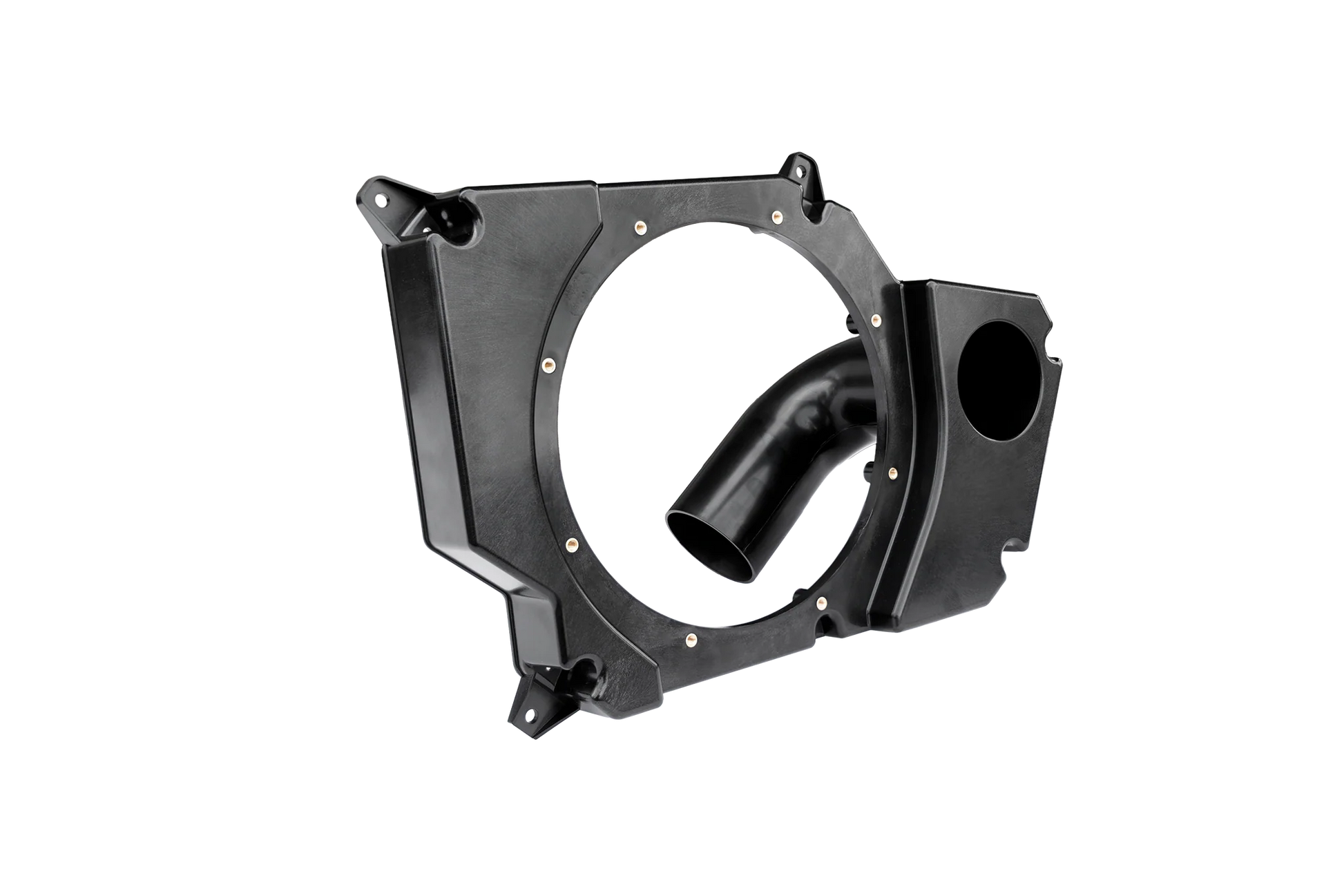 Black metal automotive part on a white background