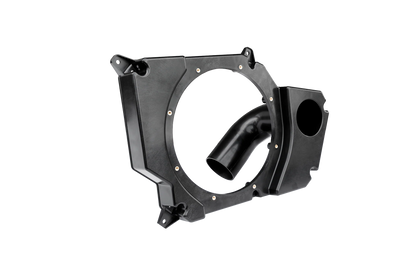 Black metal automotive part on a white background