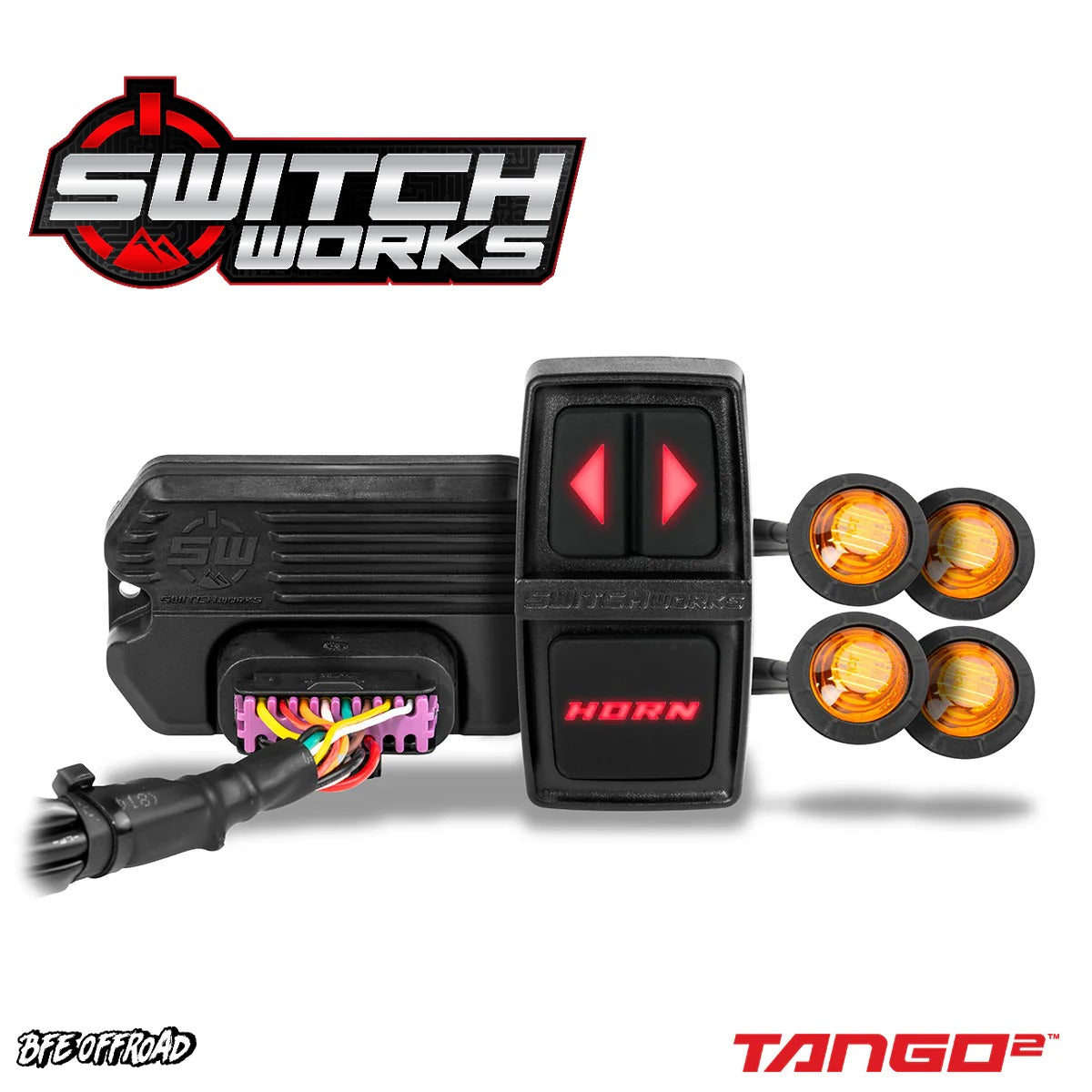 Switch Works Tango2 switch panel with wiring and lights on a white background