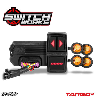 Switch Works Tango2 switch panel with wiring and lights on a white background