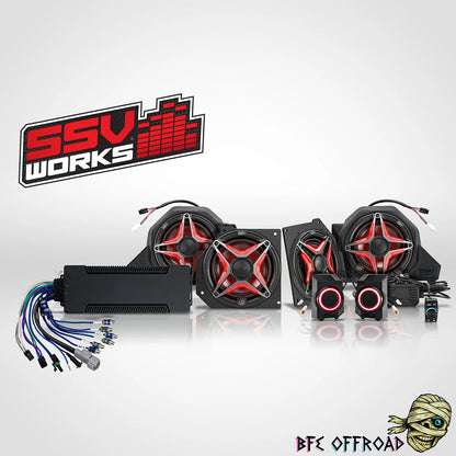 Automotive audio system components with SSV Works logo on a white background