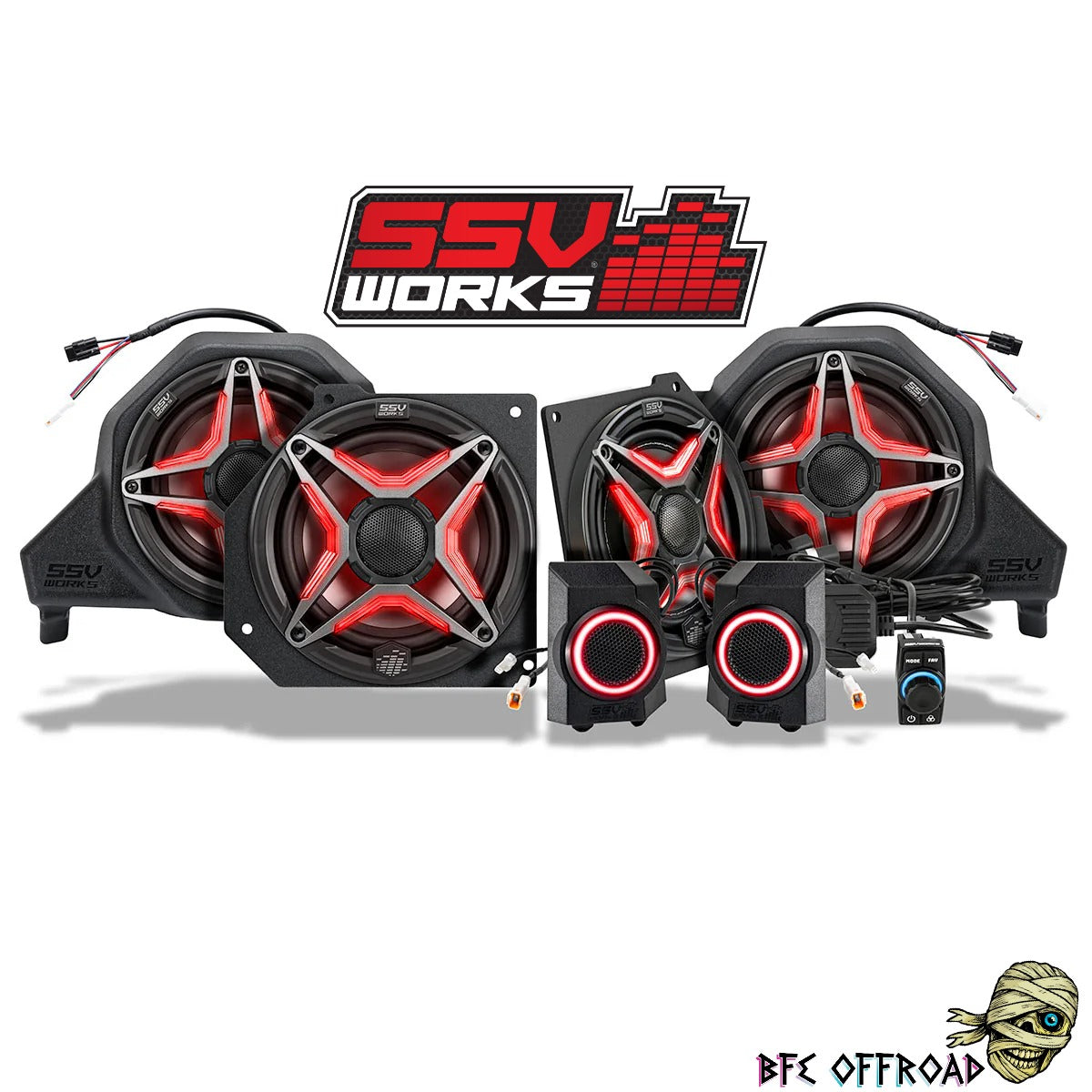 Car audio system with SSV Works logo on a white background