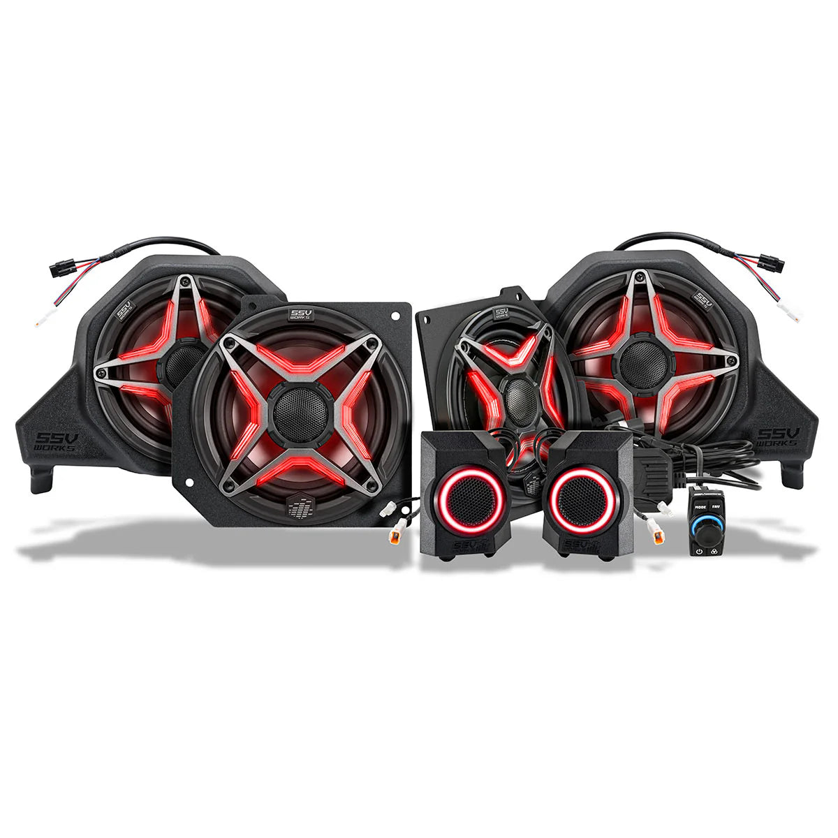 Car audio speaker system with red lighting on a white background