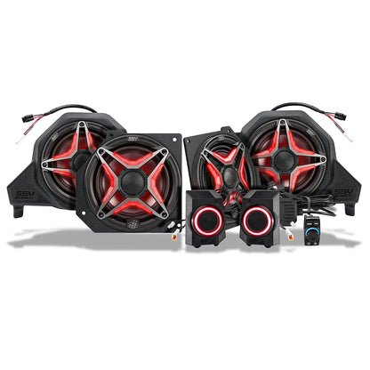 Car audio speaker system with red lighting on a white background