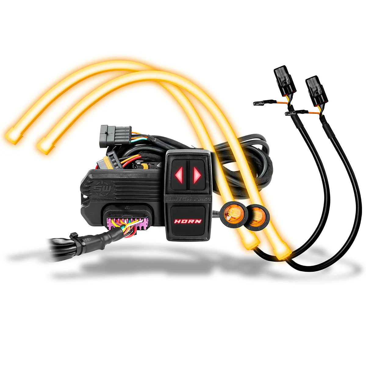 UTV Street Legal light kit with yellow wires and switch on a white background