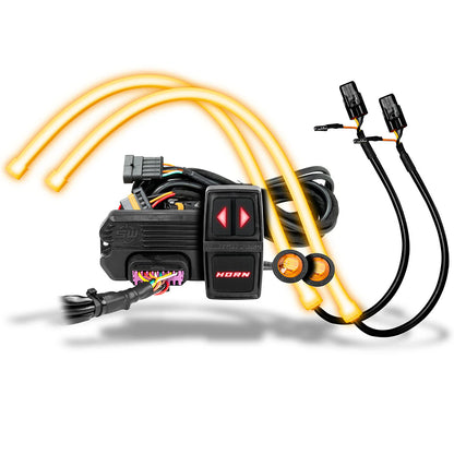 UTV Street Legal light kit with yellow wires and switch on a white background