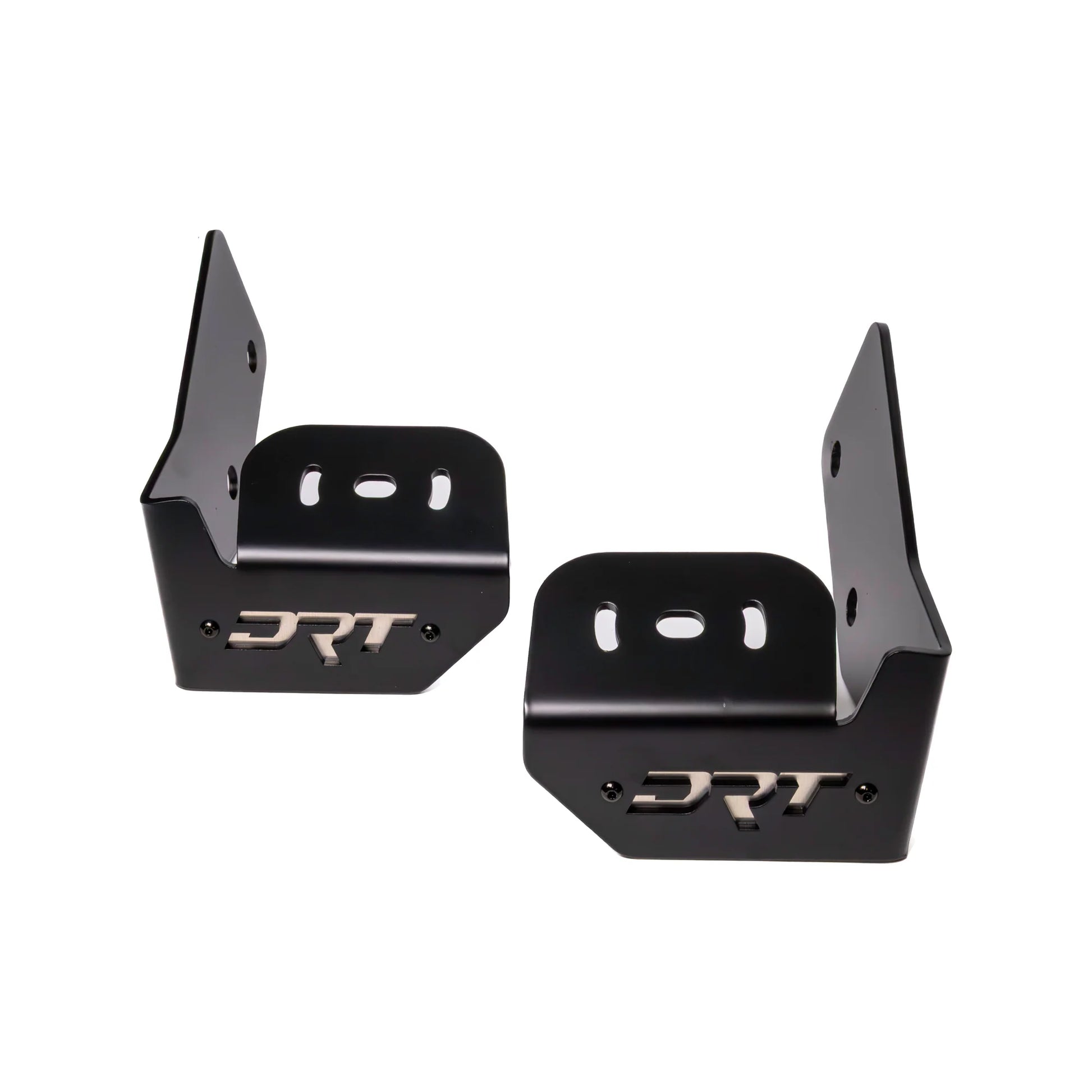 Two black metal brackets with 'DRT' branding on a white background