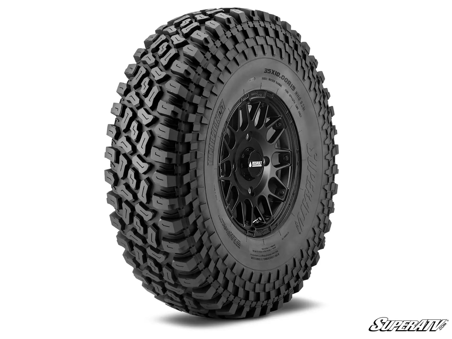 Off-road tire with a black rim on a white background, featuring the SuperATV logo.