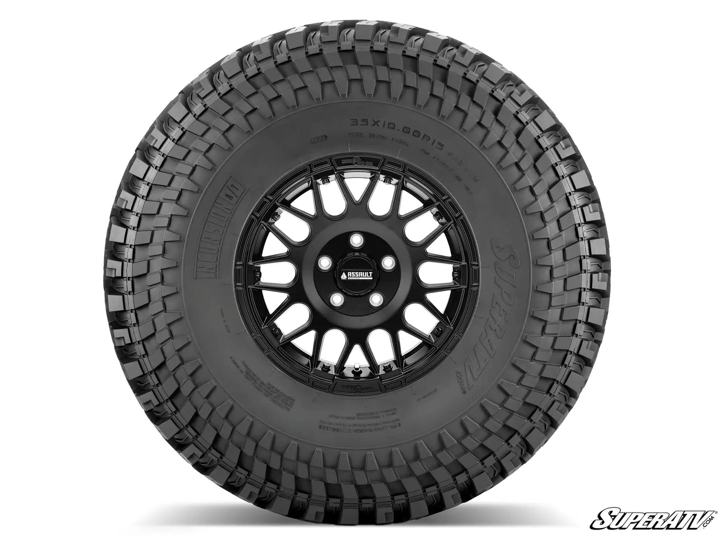 Black tire with a detailed tread pattern on a white background