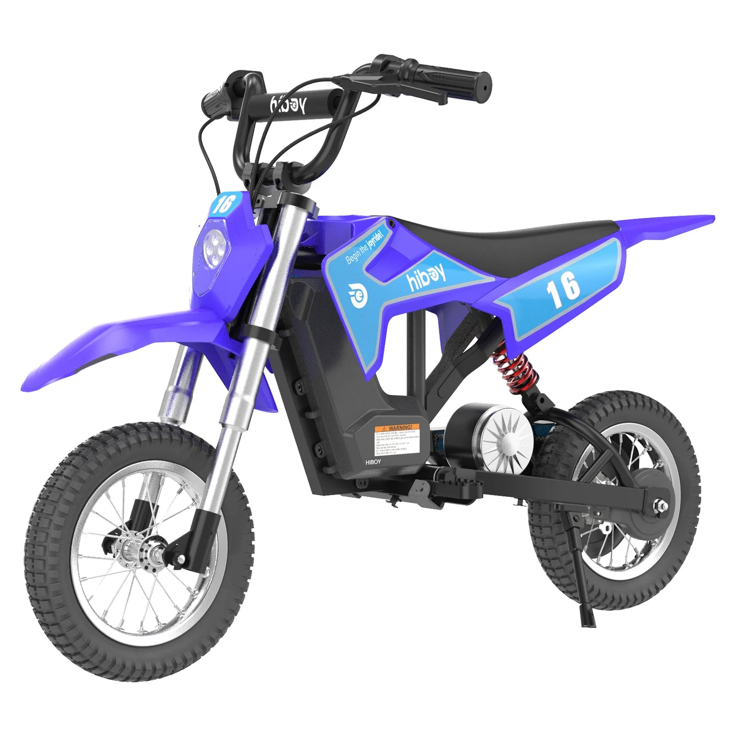 Blue and black children's electric dirt bike on a white background