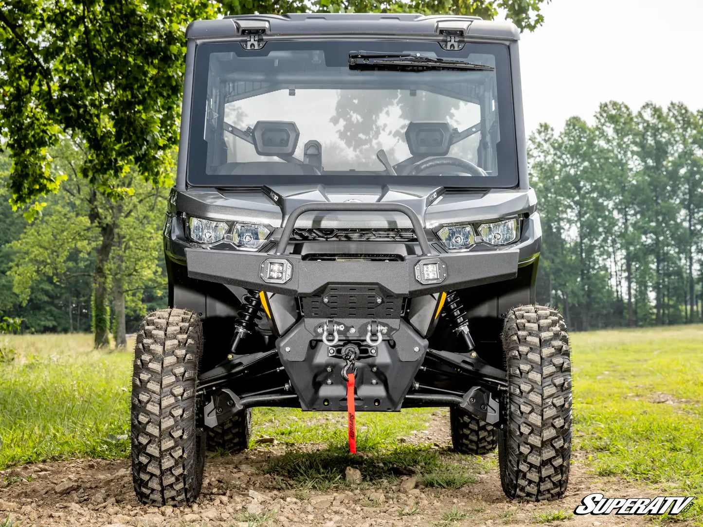 SuperATV MaxDrive Power Flip Power Glass Windshield Can Am Defender HD W Wiper front view