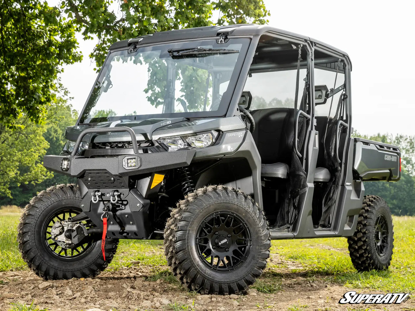 SuperATV MaxDrive Power Flip Power Glass Windshield Can Am Defender HD W Wiper Installed front view